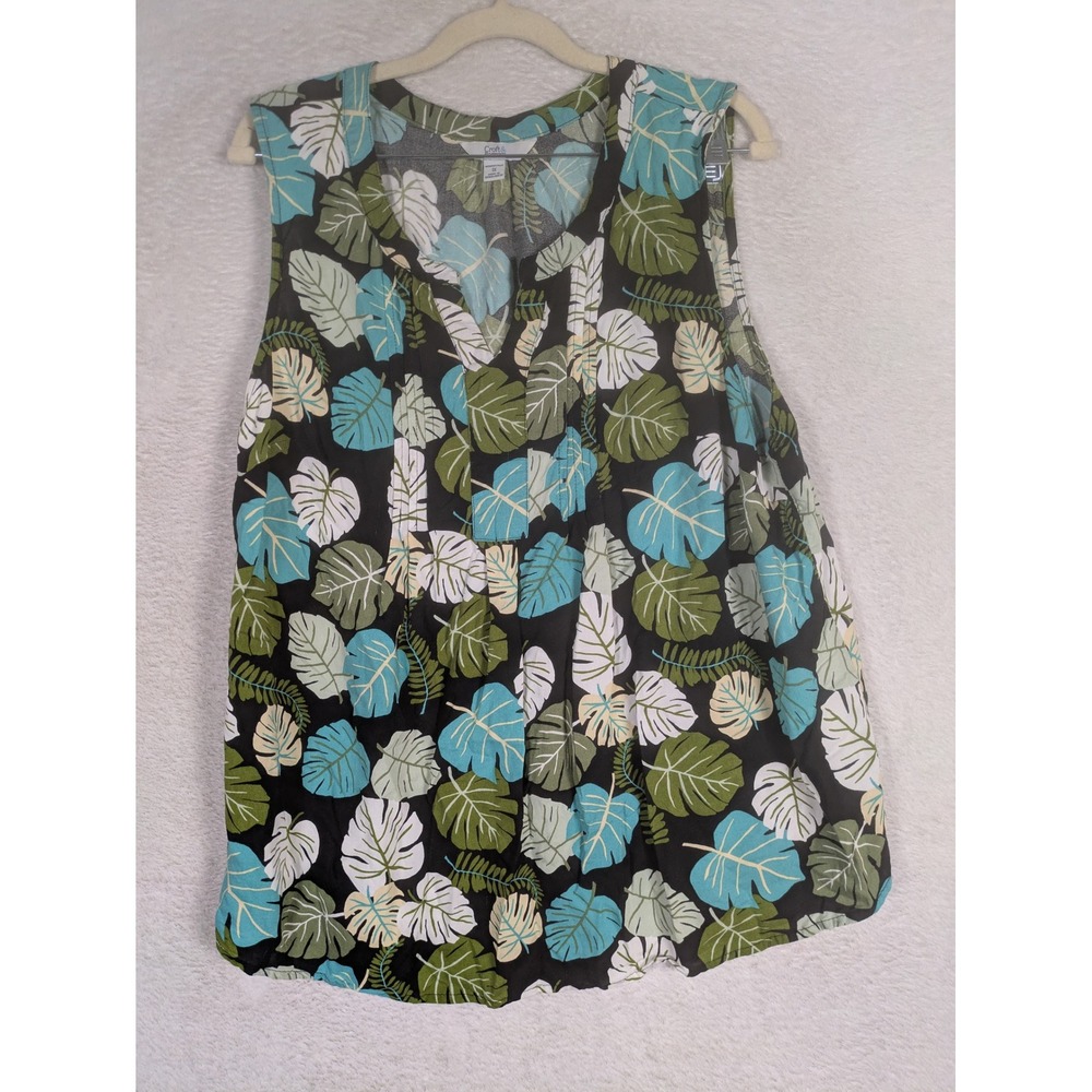 Croft & Barrow Sleeveless Blouse Women's 1X Black Tropical Leaf Pintuck V-Neck